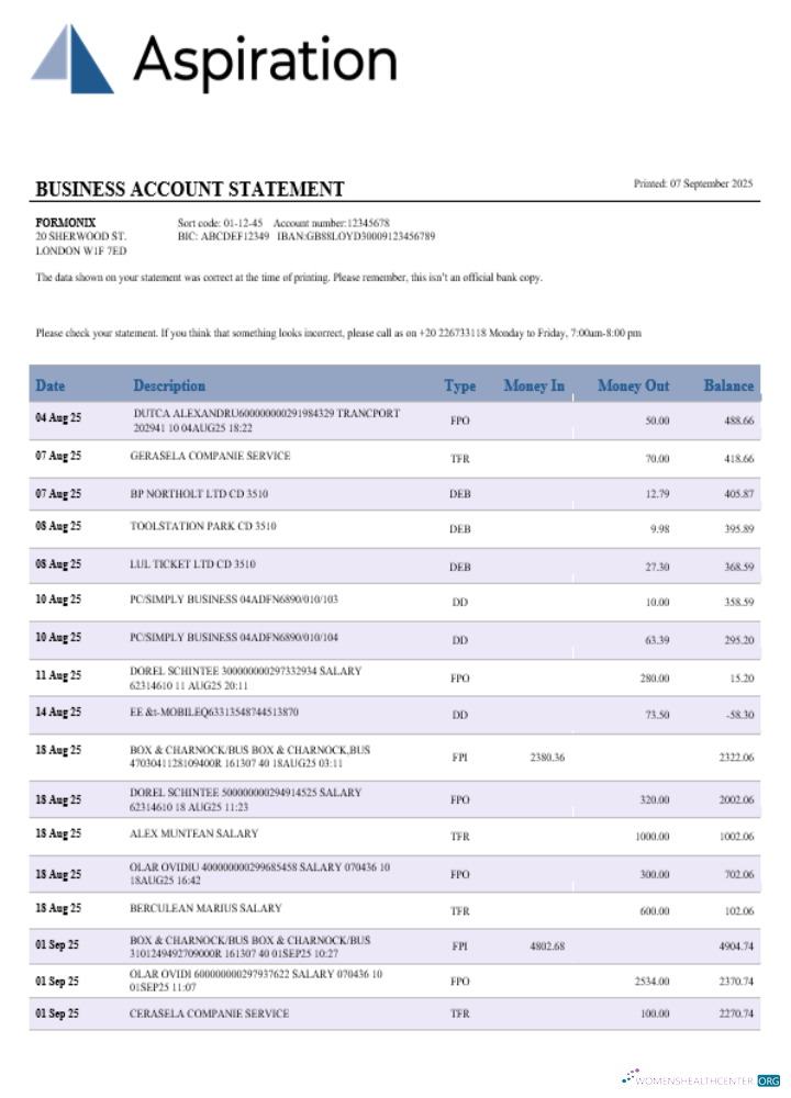Download Aspiration bank business account statement Word and PDF template Photoshop template